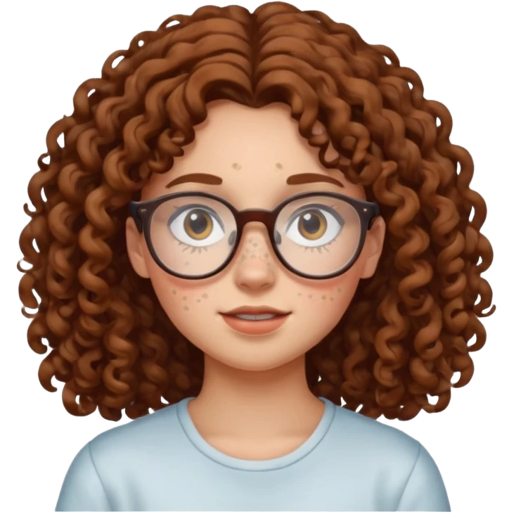 make a really curly hair, teen girl with glasses and late acne that looks like freckles emoji