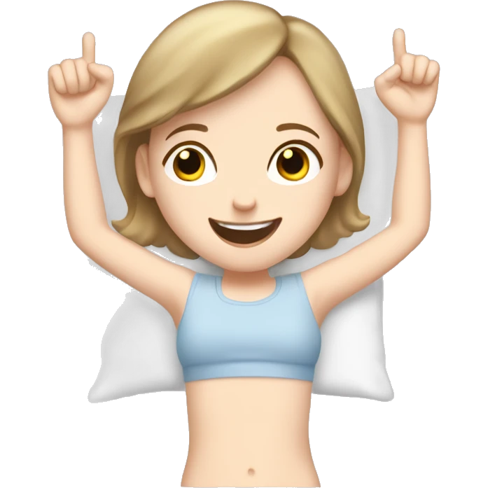 Happy pale girl wakes up in bed and stretches hands up in the air  emoji