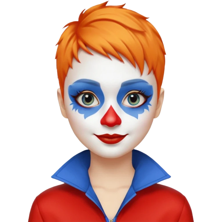 Orange short hair.

White face paint with blue eye makeup and a red nose.

Bright smile with red lips.

Wearing a red jacket over a yellow shirt. emoji