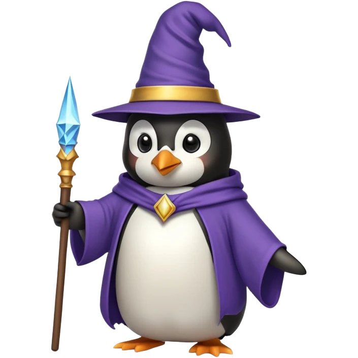 penguin wearing a wizard hat and robe, holding a magic wand emoji