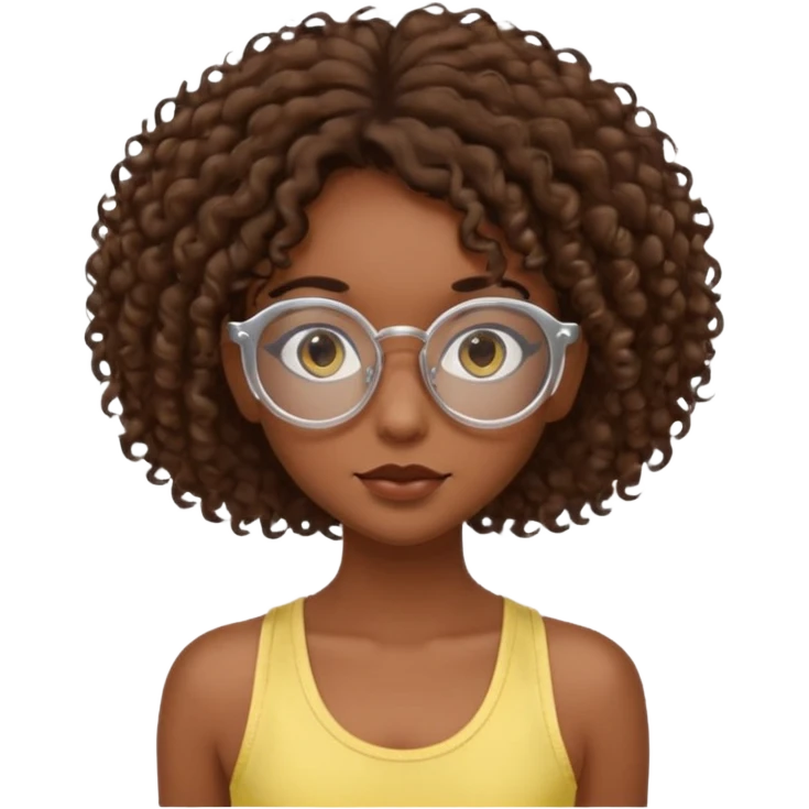 girl with dark skin and brown curly hair and clear circular lensed glasses, long eyelashes, wearing a light yellow tank top emoji