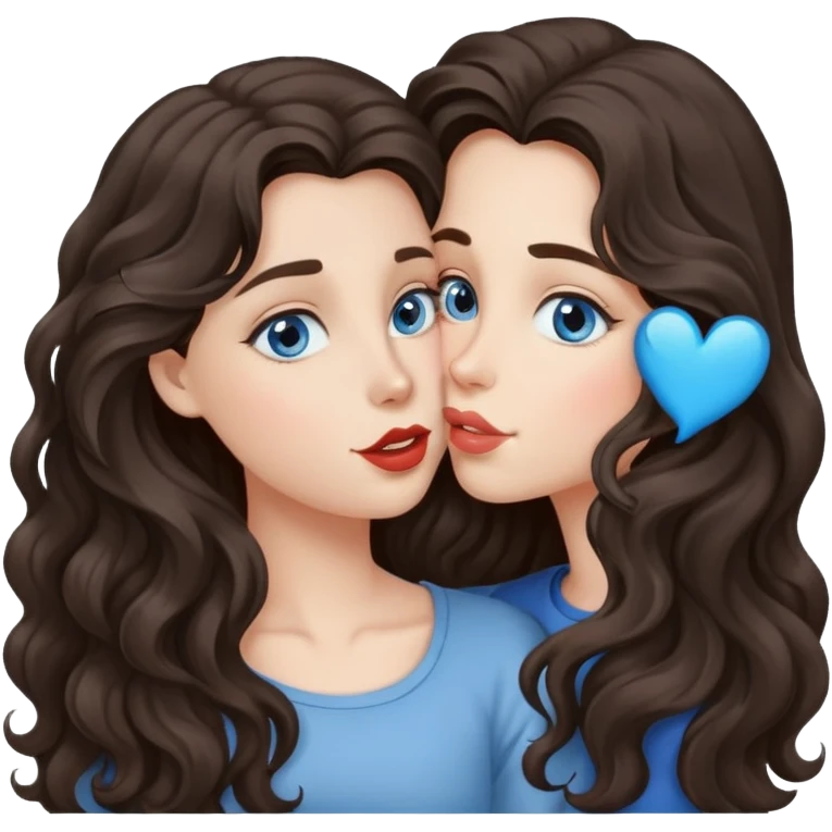 A girl with long, dark brown, wavy hair, grey-blue eyes, Sends a kiss emoji