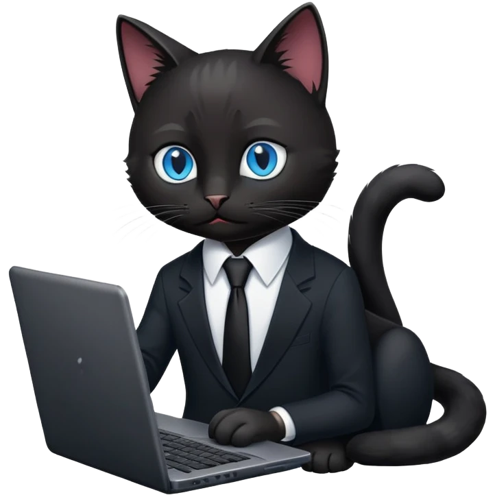 black cat with blue eyes in a black suit with black tie and laptop emoji