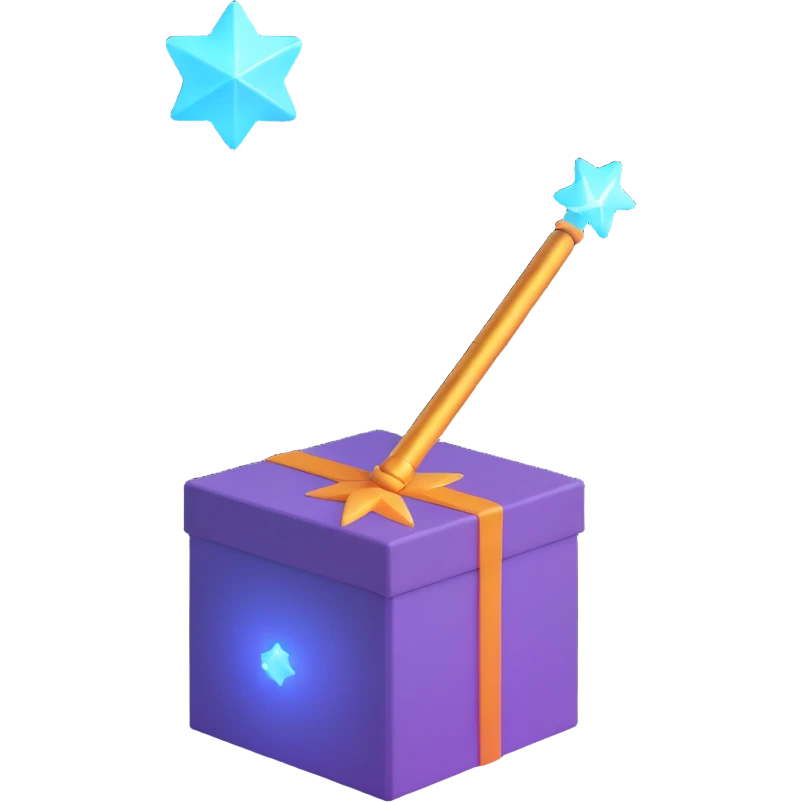 a 3D emoji style icon of a box with a glowing magic wand emoji