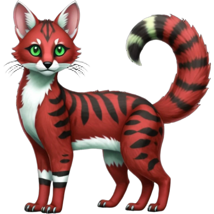 Colorful dark tropical sanguine-red, black, white fur, with green eyes, iridescent glorious divine exotic cute cool beautiful shiny beautiful fantasy-caracal-civet-genet-sergal-vernid-Cacomistle-oncilla-animal-Fakémon-hybrid-fursona with pattern markings (full body) emoji