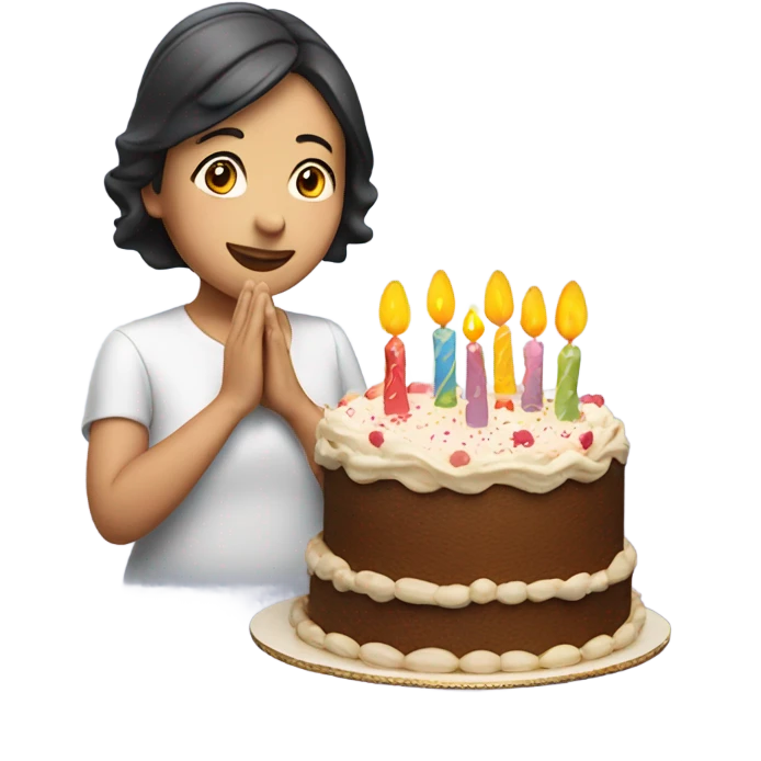 asian woman with birthday hat praying and smiling front a cake emoji