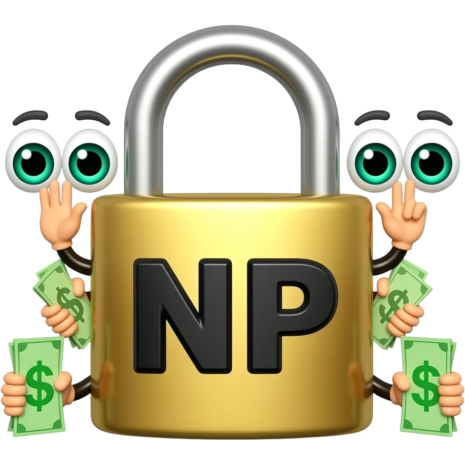 A gold lock that says “NP” in black the lock has hands, with money in hands and green dollar sign eyes emoji