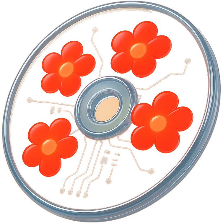 A minimalist CD disc with glowing floral pattern, red flowers emoji