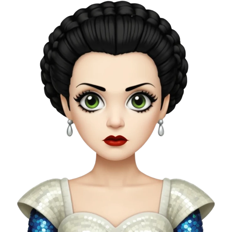 Bride of Frankenstein with black hair, ivory sequin outfit emoji