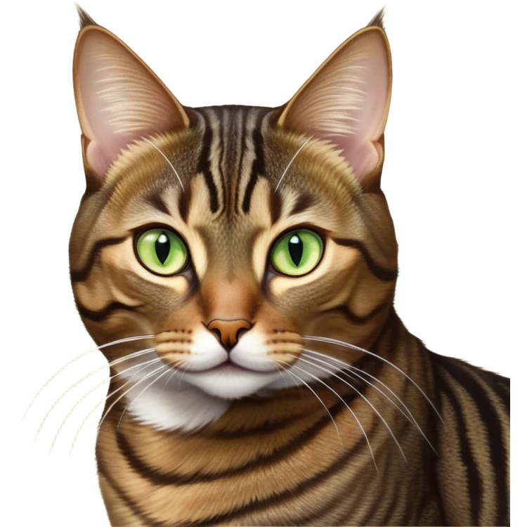 Cinematic Noble Brown Tabby Cat Portrait Emoji, Poised and regal, with sleek, well-groomed fur in warm brown tones accented by bold dark tabby stripes, striking almond-shaped golden-green eyes, Simplified yet sharp and sophisticated features, highly detailed, glowing with a soft, dignified glow, high shine, intelligent and graceful, stylized with an air of elegance, focused and attentive, soft glowing outline, capturing the essence of a watchful and refined feline, so majestic it feels as though it could glide across the screen with effortless confidence! emoji