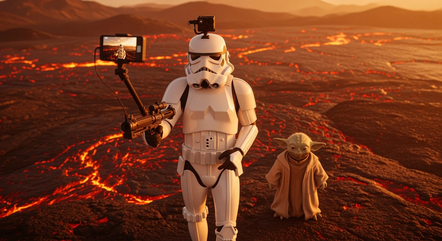 Starwars stormtroopers vlogging selfie, he is walking on lava planet with yoda emoji