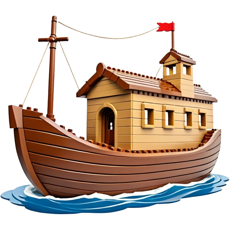 Huge empty wooden Lego Noah's ark boat on water, wide and spacious, no occupants, realistic details emoji