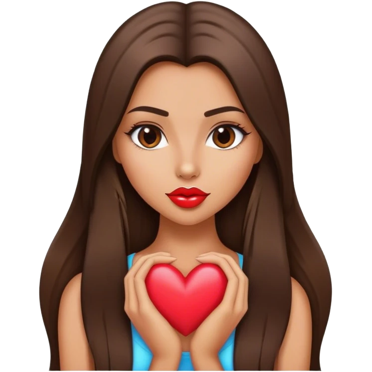 Model tanned beautiful girl with pump lips and brunette straight long hair showing heart emoji