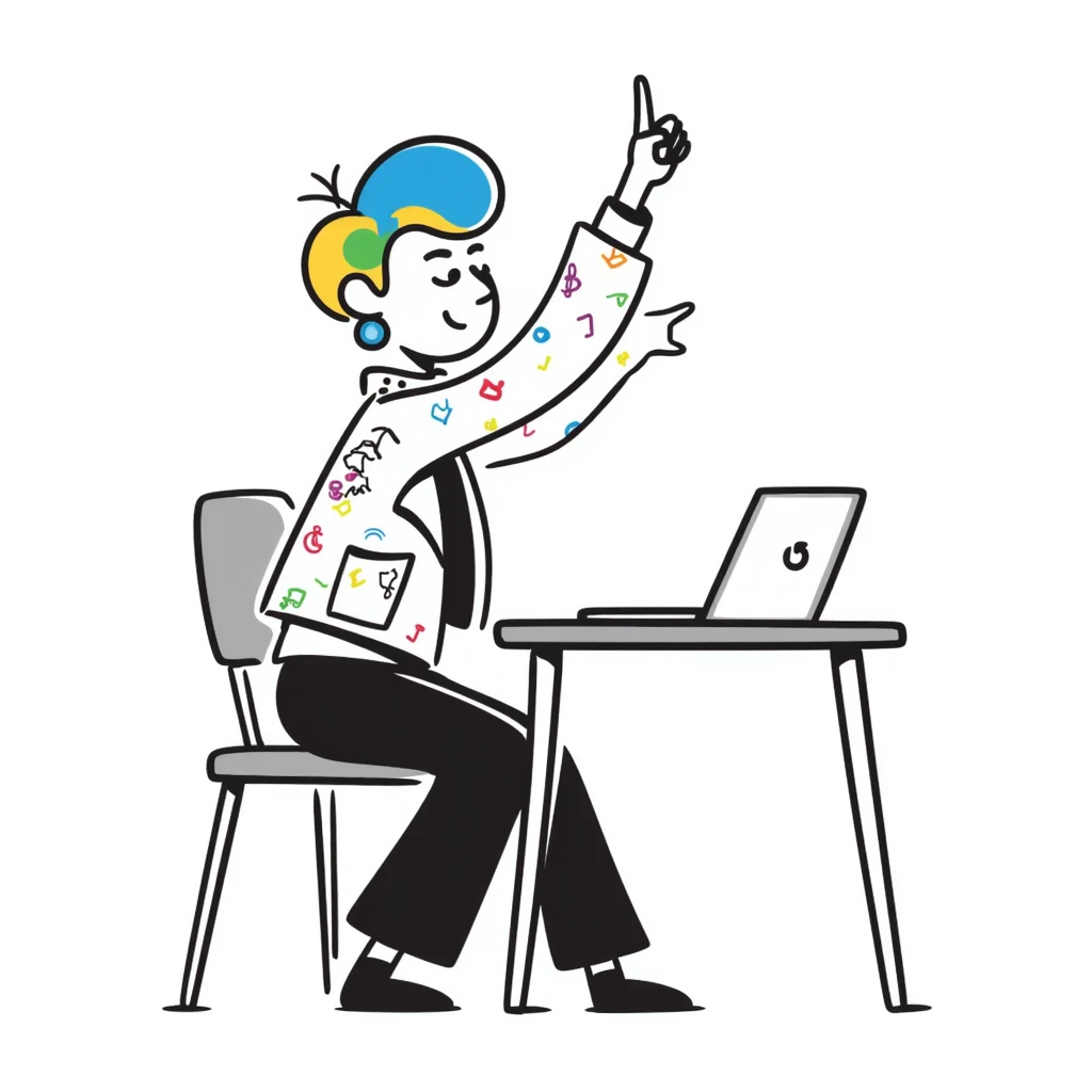 Edgy female rock musician with colorful tattoo sleeve, undercut hairstyle with vibrant dyed hair, wearing leather jacket, sitting at classroom desk with laptop, hand raised enthusiastically emoji