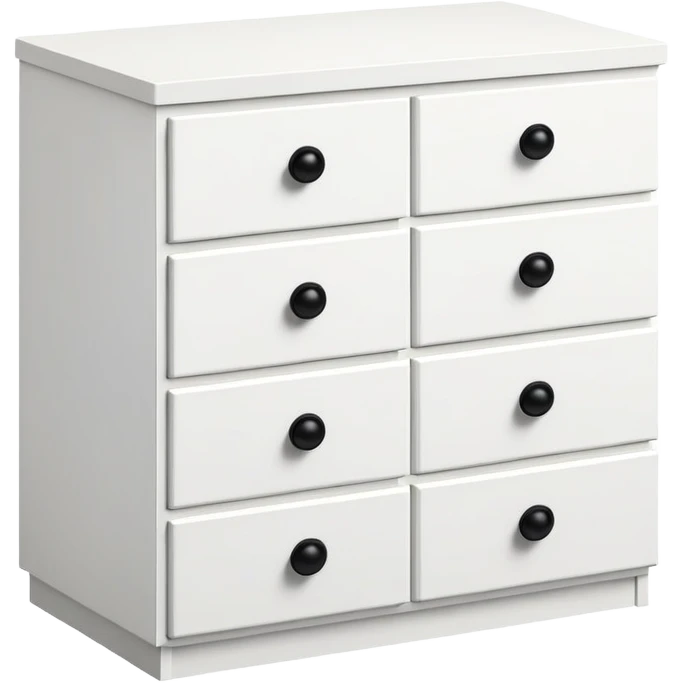 IKEA-inspired really depth white 6-drawer chest, one tiny black knob per drawer, stacked emoji