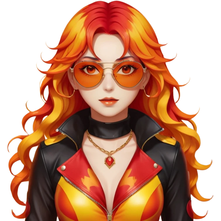 Beautiful gorgeous anime lady with beautiful fiery long warm-red-orange-yellow-gradient-wavy-special-hair, fashion aesthetic, slim red-tinted-sunglasses, accessories, gold jewelries, red-and-yellow sunny-pattern-eyes, black latex-suit, biker-woman, cool, badass, ahoge, gold necklace emoji