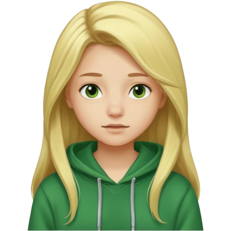 A blond teenage girl wearing a green hoodie and having long hair , looking popular  emoji