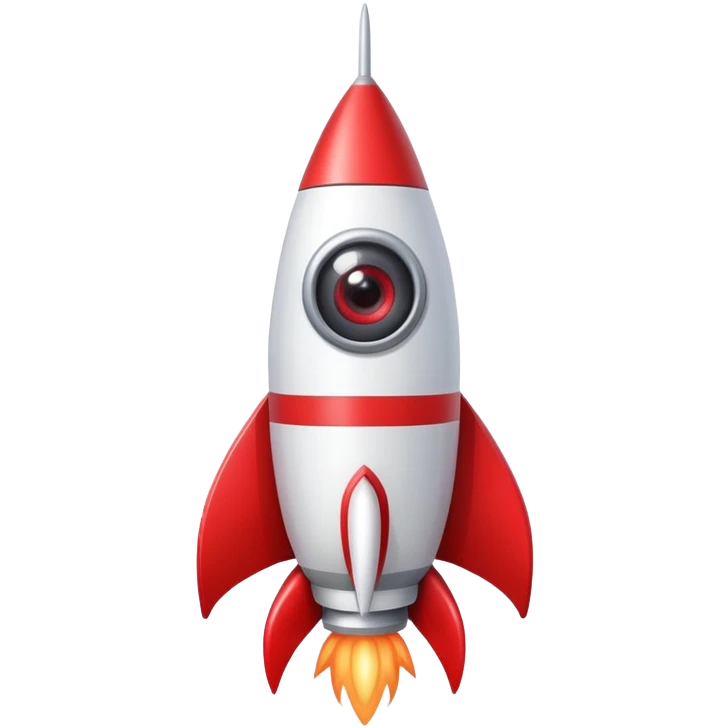 A red and white rocket with large cute eyes and eyelashes emoji
