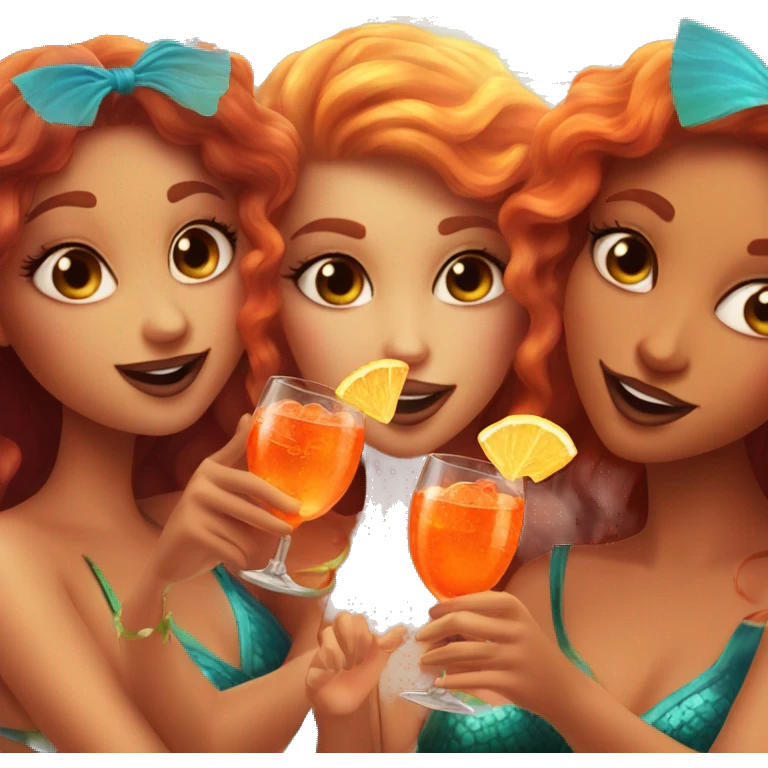 Three beautiful bright skin mermaids drinking aperol emoji