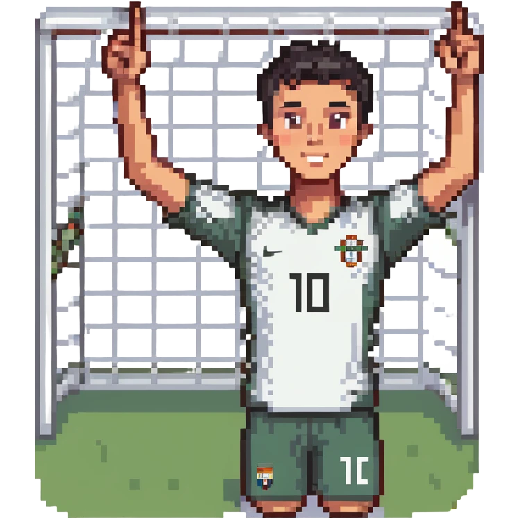 soccer player with signature goal celebration, short dark hair, inspired by Cristiano Ronaldo emoji