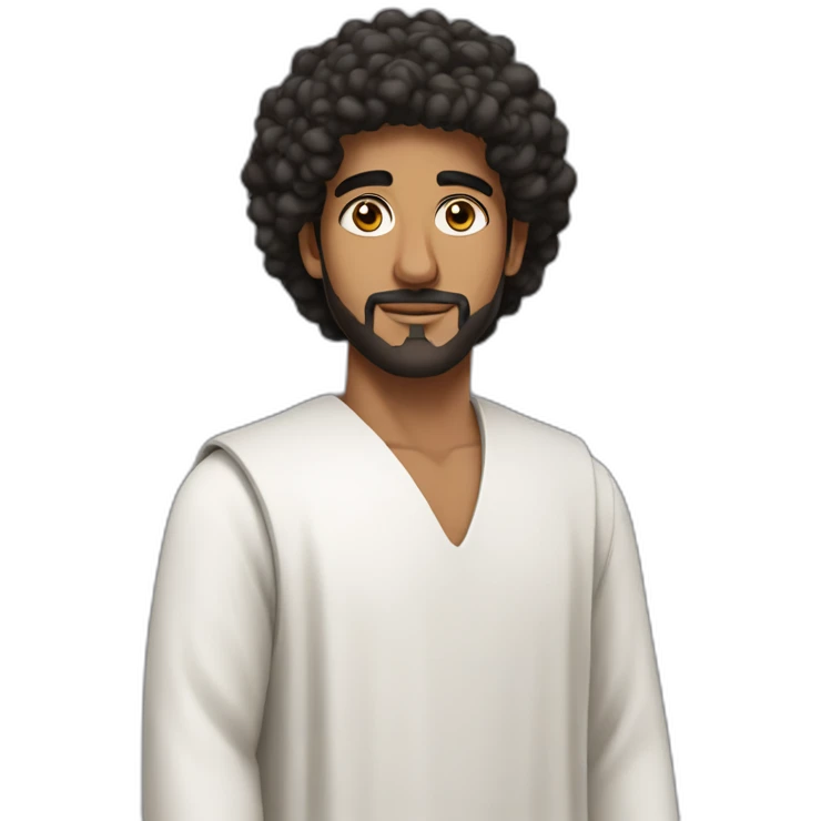 Arab man with brown skin and Afro wearing white Arab gown with black vest. Looking away into the horizon emoji