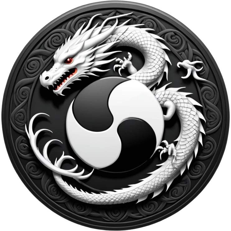 An icon symbolizing Eastern martial arts in the style of an emblem, featuring a black-and-white Yin-Yang symbol and a dragon at the center, surrounded by elements like a dojo. Transparent background highlights balance and power. emoji