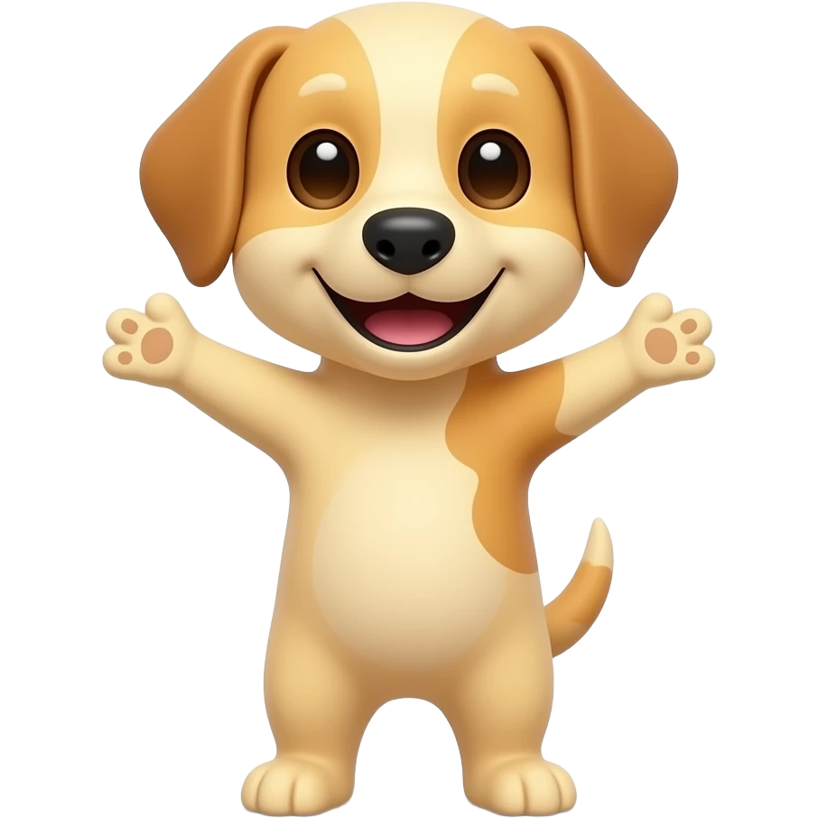 A completely light yellow dog, standing up with legs and arms open like a little person, looking at us with a very happy expression. Its body is completely yellow. emoji