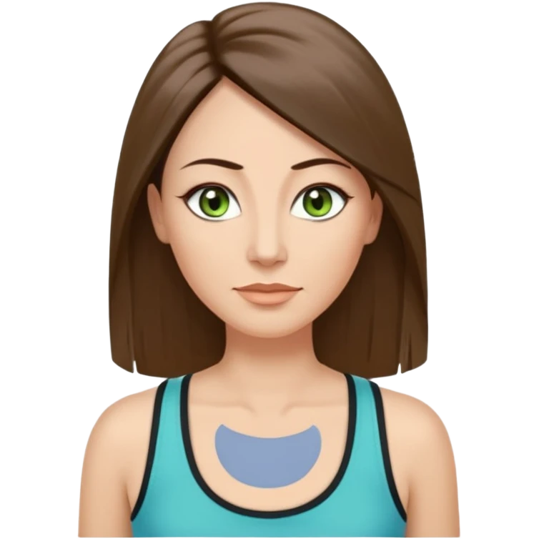 43 year old Adult woman avatar, light skin tone, long, oval face, long straight ashy brown hair, green almond-shaped eyes with dramatic eyelashes and minimal eyeliner, neutral mouth, medium straight eyebrows, small nose, smooth skin, sky blue tank top emoji