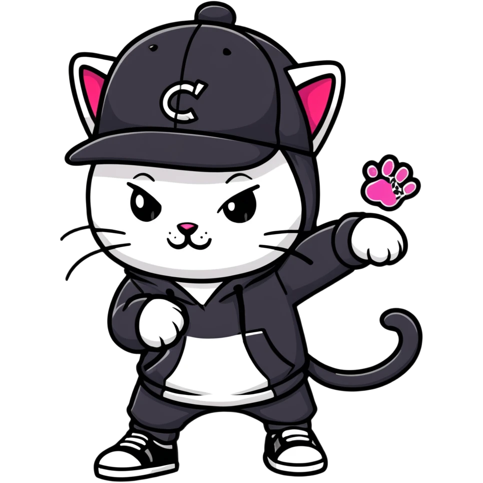 cat wearing a black snapback cap and black hoodie doing graffiti art with spray paint, street art style emoji