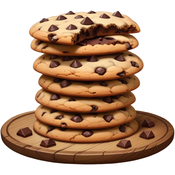 Cinematic crunchy chocolate chip cookies, freshly baked, golden-brown with gooey melted chocolate chunks, stacked on a rustic wooden plate, soft warm lighting, cozy and delicious. emoji