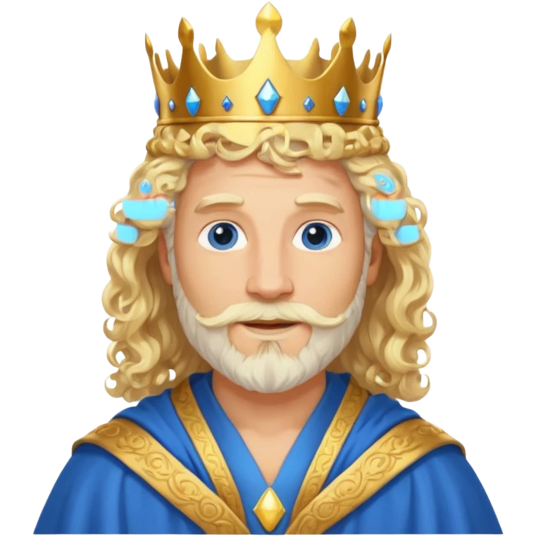 1 Middle-aged white king, 40 years old, blond hair, blond beard, long curly hair, blue eyes, kind and benevolent vibe, gentle smile, wearing a crown and blue robe emoj emoji