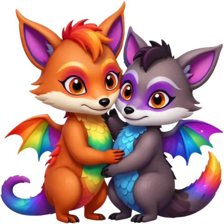 black female raccoon dragon hybrid with rainbow colored wings and purple eyes giving a big hug to a red female fox dragon hybrid with rainbow colored wings and orange eyes emoji