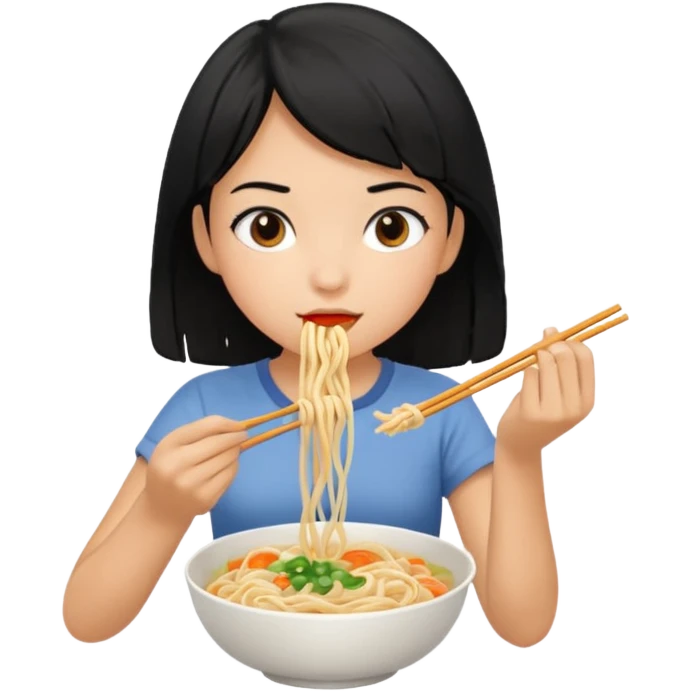 girl with black hair in short sleeves eating noodles emoji