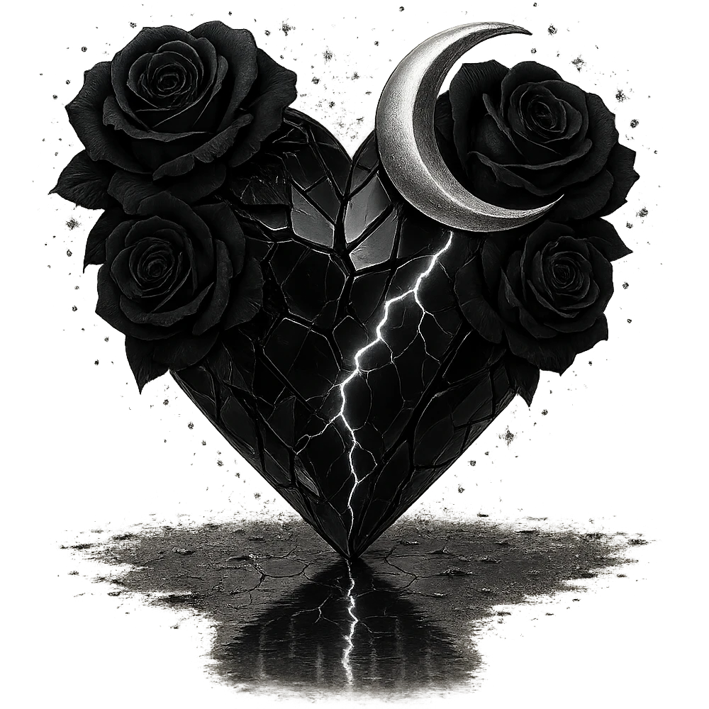 Edit the gothic heart to be formed from splintered deep black glass, silver crescent moon, black roses, sparkling holographic stardust, neon lightning, and a wet, reflective surface. Keep the background transparent. Maintain the gothic heart style and details. emoji