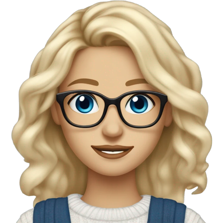 Blonde balayage long hair white women sweater blue eyes and small glasses holding note pad and pen emoji