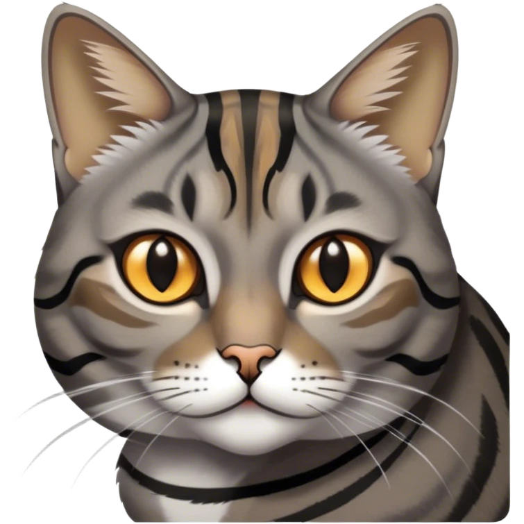 Cinematic Noble Grey and Black Brown Tabby Cat Portrait Emoji, Poised and regal, with sleek grey-brown fur featuring bold black tabby stripes and a distinct M-shaped marking on the forehead, bright amber eyes, Simplified yet sharp and sophisticated features, highly detailed, glowing with a soft, dignified glow, high shine, intelligent and graceful, stylized with an air of elegance, focused and attentive, soft glowing outline, capturing the essence of a watchful and refined feline, so majestic it feels as though it could glide across the screen with effortless confidence! emoji