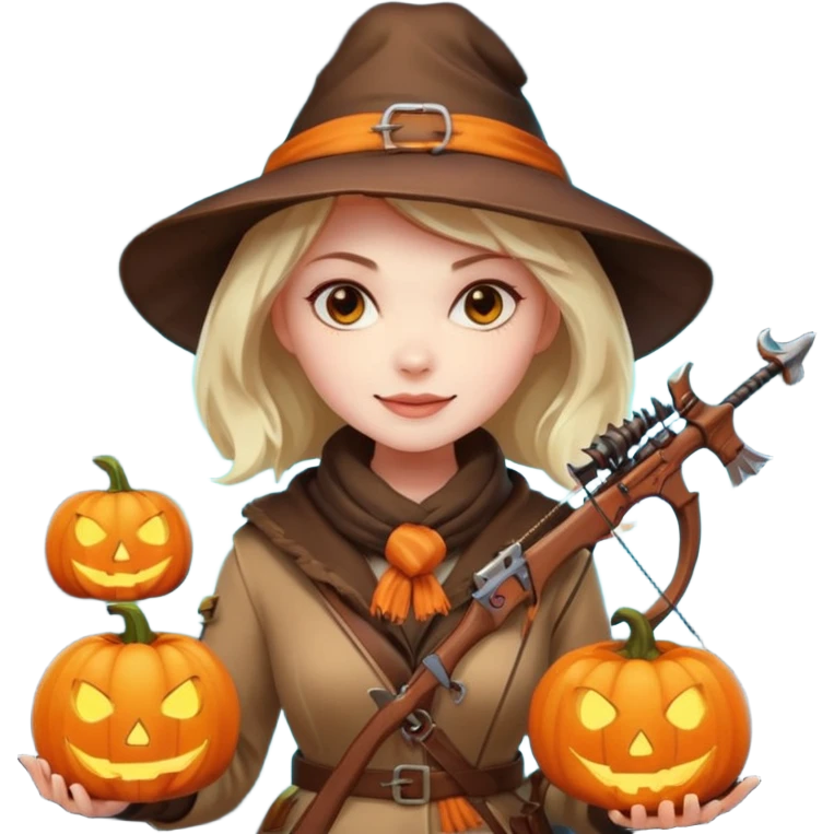 female human monster hunter emoji, wearing brown coat and hat, holding crossbow, soft smile, scarf, glowing pumpkin by her side, Halloween fantasy style, clean vector Apple emoji look, bright colors, white background, square emoji