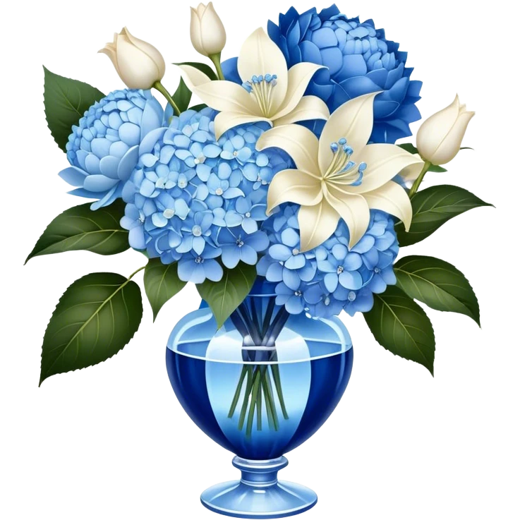 An exquisite floral arrangement of deep blue hydrangeas, pastel blue peonies, and ivory lilies, bound with a flowing pearl satin ribbon and placed in a crystal vase emoji