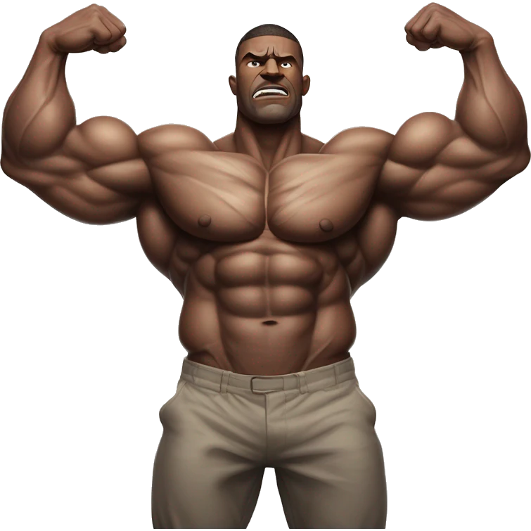 A hyper-muscular man with veins prominently visible across his massive arms and chest, each of his arms taking up a third of the frame. his exaggerated physique creates an even more surreal and intense visual. emoji