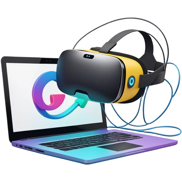 VR headset lying next to a laptop, connected by wires. On the laptop screen a VR/AR modeling program is opened. Floating 3D models or virtual objects. Modern, tech-inspired colors. No emojis or smiley faces. Transparent background. emoji