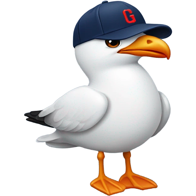 Seagull with wearing navy color baseball cap emblazoned with a red G initial emoji