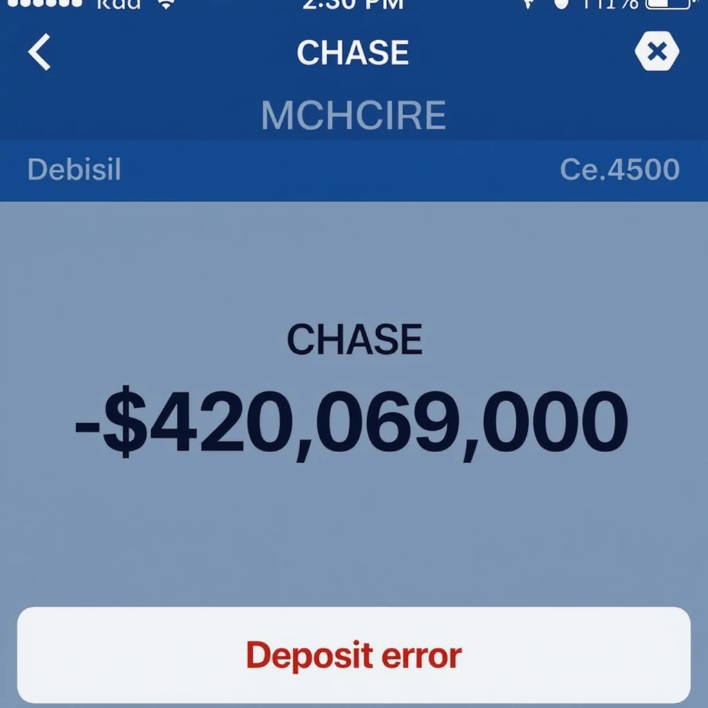 a iphone screenshot showing a chase bank balance of -$420,069,000, "deposit error" emoji