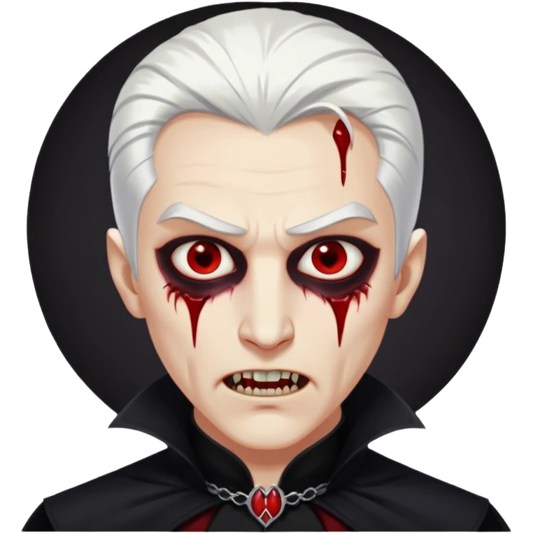 Creat a young man Vampire with white skin and white hair "make him have slide back hair" and full black vampire clothes and bloody eyes and long fangs and scary dead eyes emoji