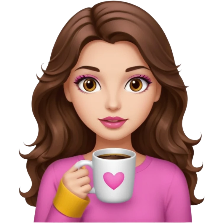 girl with long wavy brown hair, brown eyes, long lashes, makeup ,sexy pink lips, light to medium complexion, pink sexy top, with a coffee mug emoji