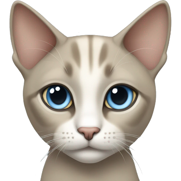 Thai breed cat with a light cream-brown body, dark gray face, ears, and paws. Short fur, sharp ears, and striking light blue eyes with an intense gaze. emoji