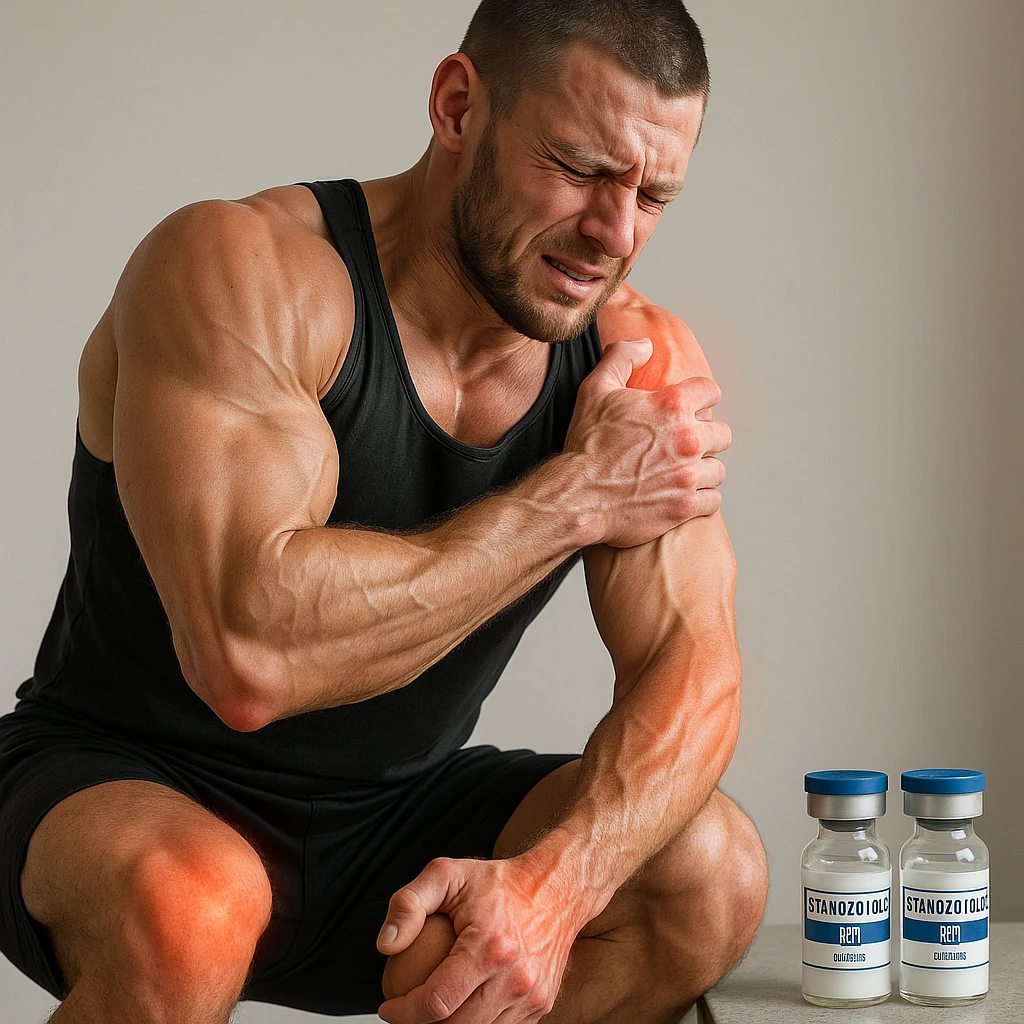 realistic and anatomical crossfit athlete showing multiple joint pain, prominent muscles, expression of discomfort, vials labeled 'Stanozololo' nearby, natural light, neutral background emoji