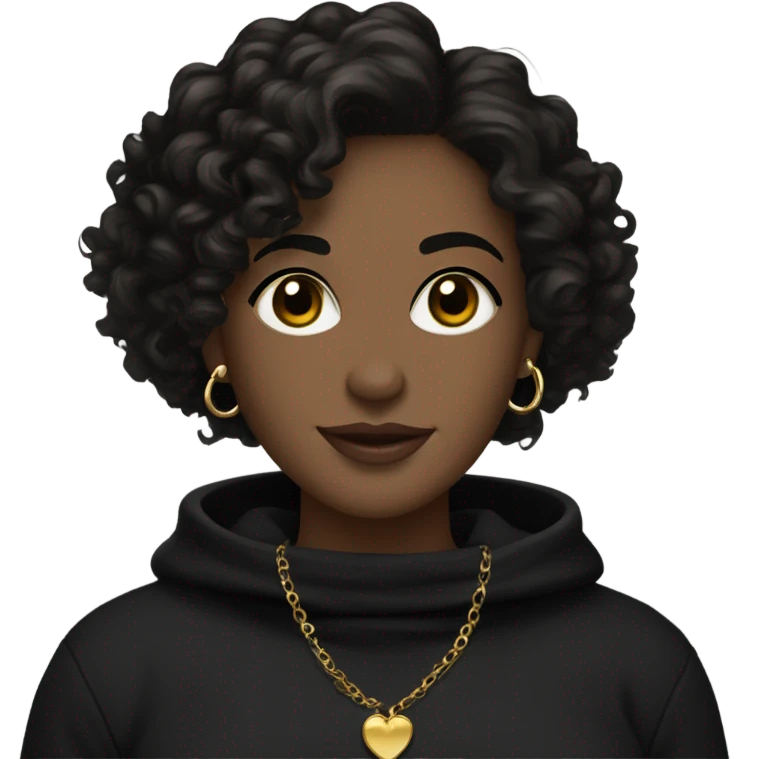 A bitmoji of a female who has black wavy curly  hair and dark brown eyes almost black, she’s wearing a black Cotton sweater with two gold pendants one in the form of a heart emoji