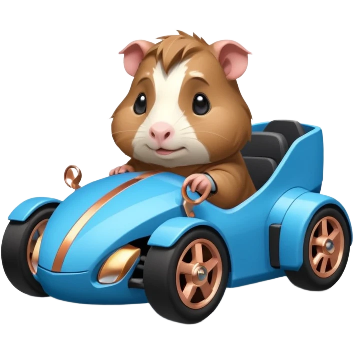 dark crystal blue and rosegold-accented faceted-body electric racing car driven by a small cute but fearless baby Guinea pig with rear spoiler, roll bar, and wheely bar emoji
