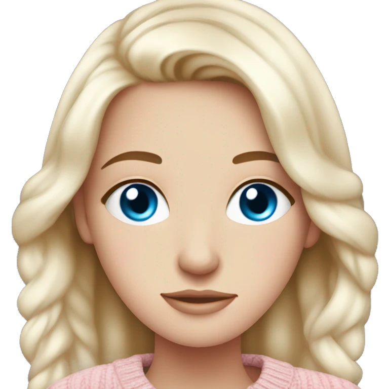 Pretty blue eyed white girl with light pink sweater reading cozy emoji