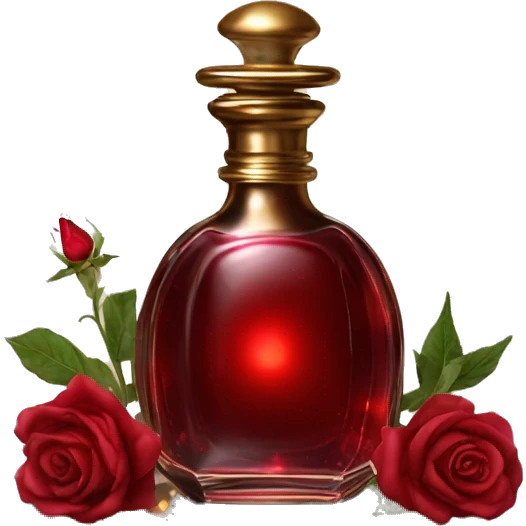 Dark red magic fairy light sparkling old Antique oil perfume bottle with herbal and rose flowers emoji